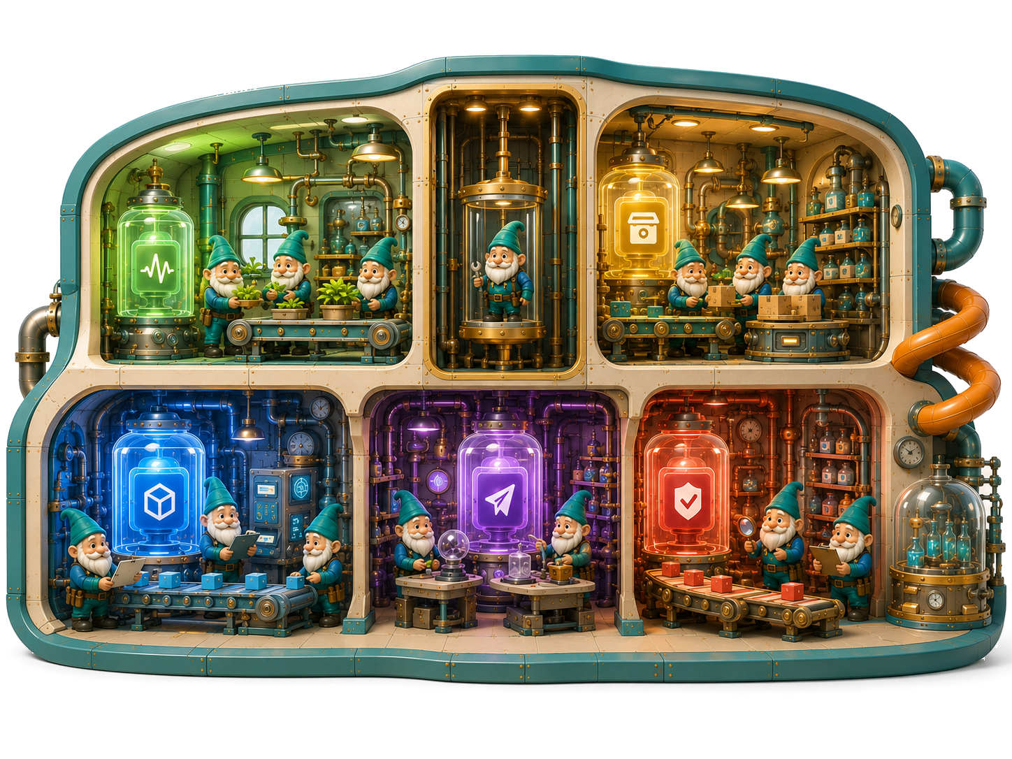 Gnomes at work in the Riggg factory, with connected production stations